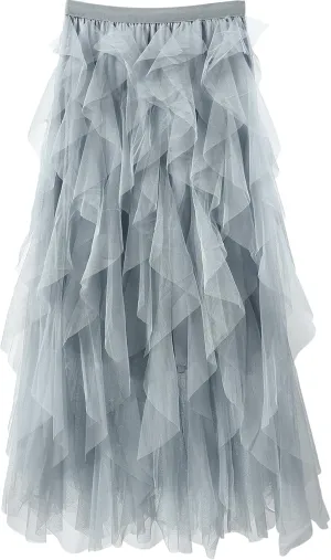 Women Tulle Skirts Layered Tutu Skirt Midi Length Elastic High Waist A Line Skirt
