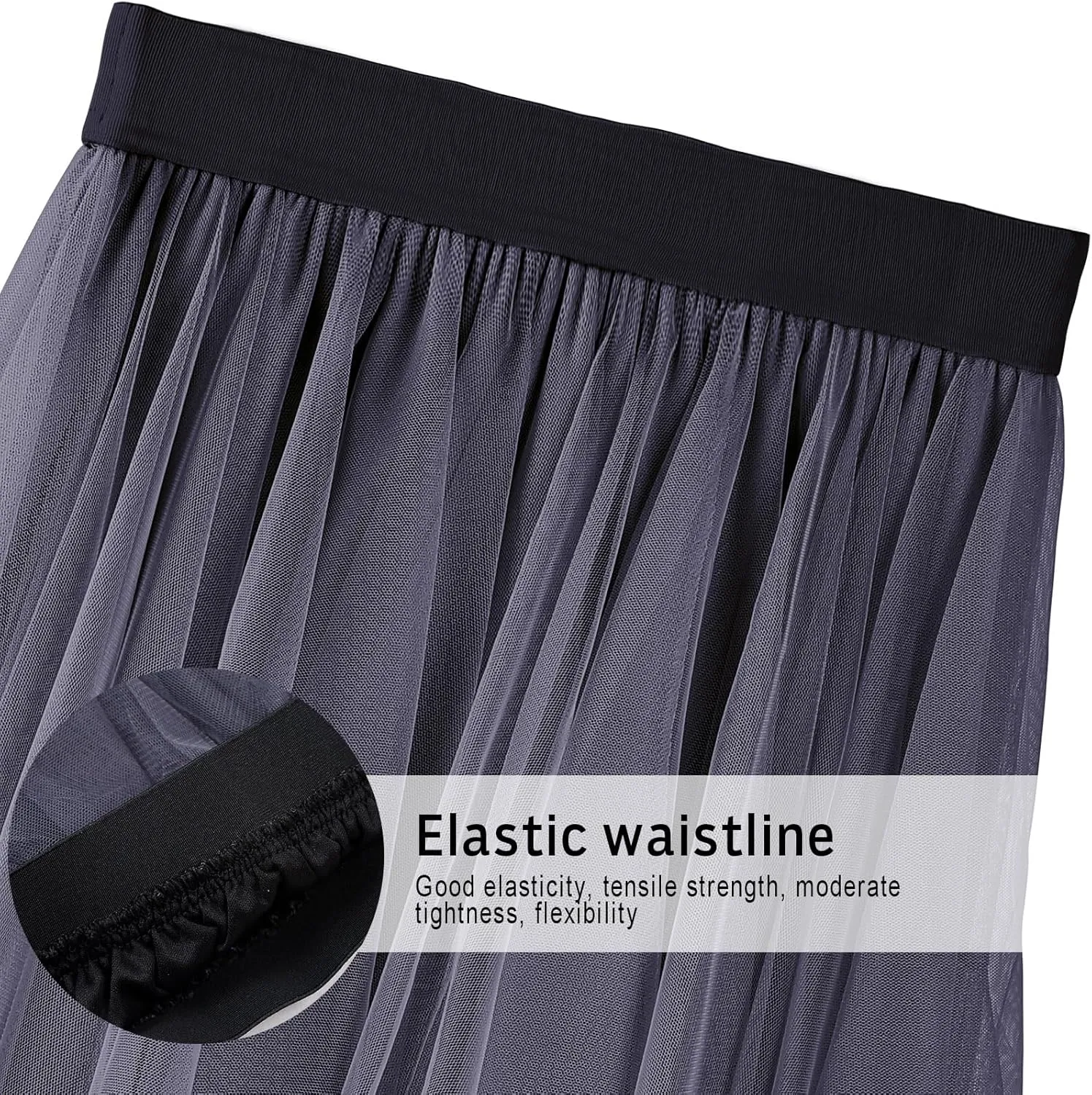 Women Tulle Skirts Layered Tutu Skirt Midi Length Elastic High Waist A Line Skirt