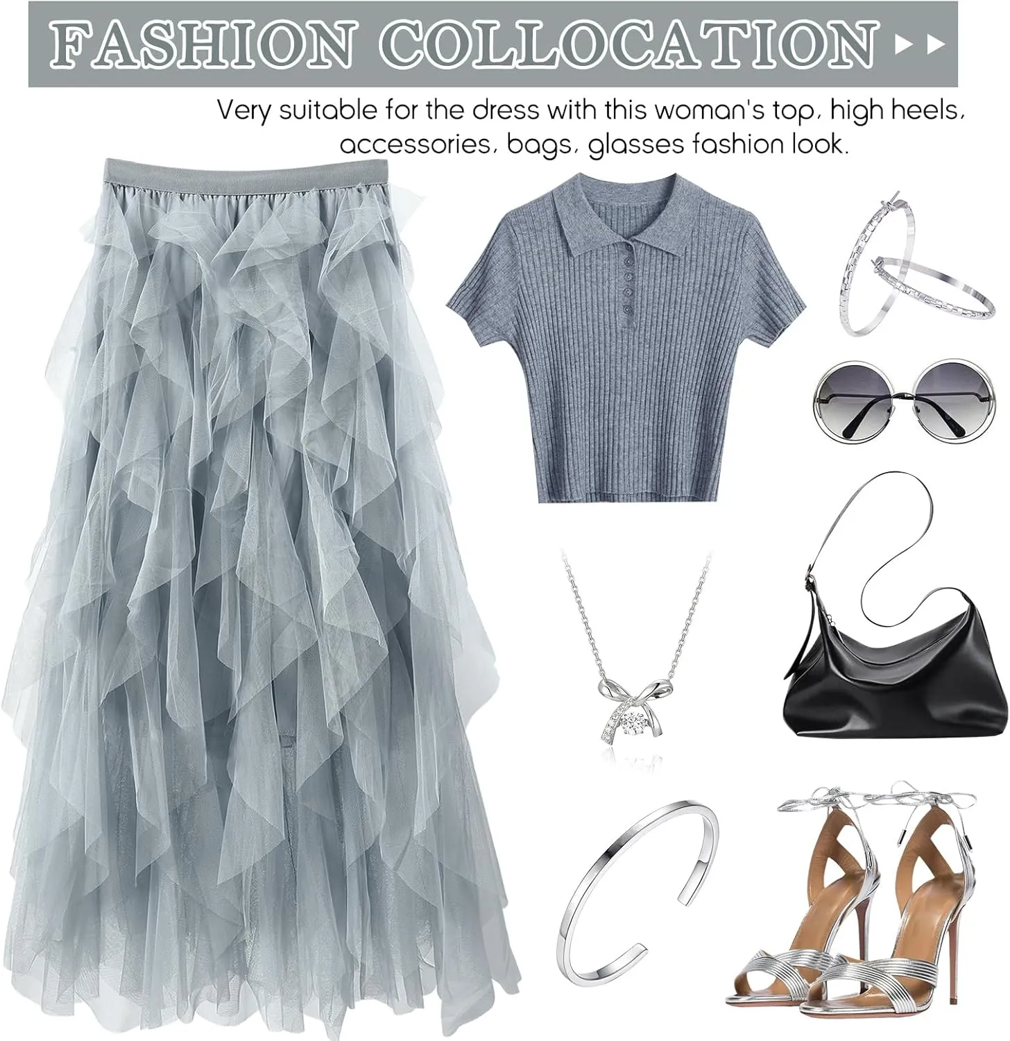 Women Tulle Skirts Layered Tutu Skirt Midi Length Elastic High Waist A Line Skirt