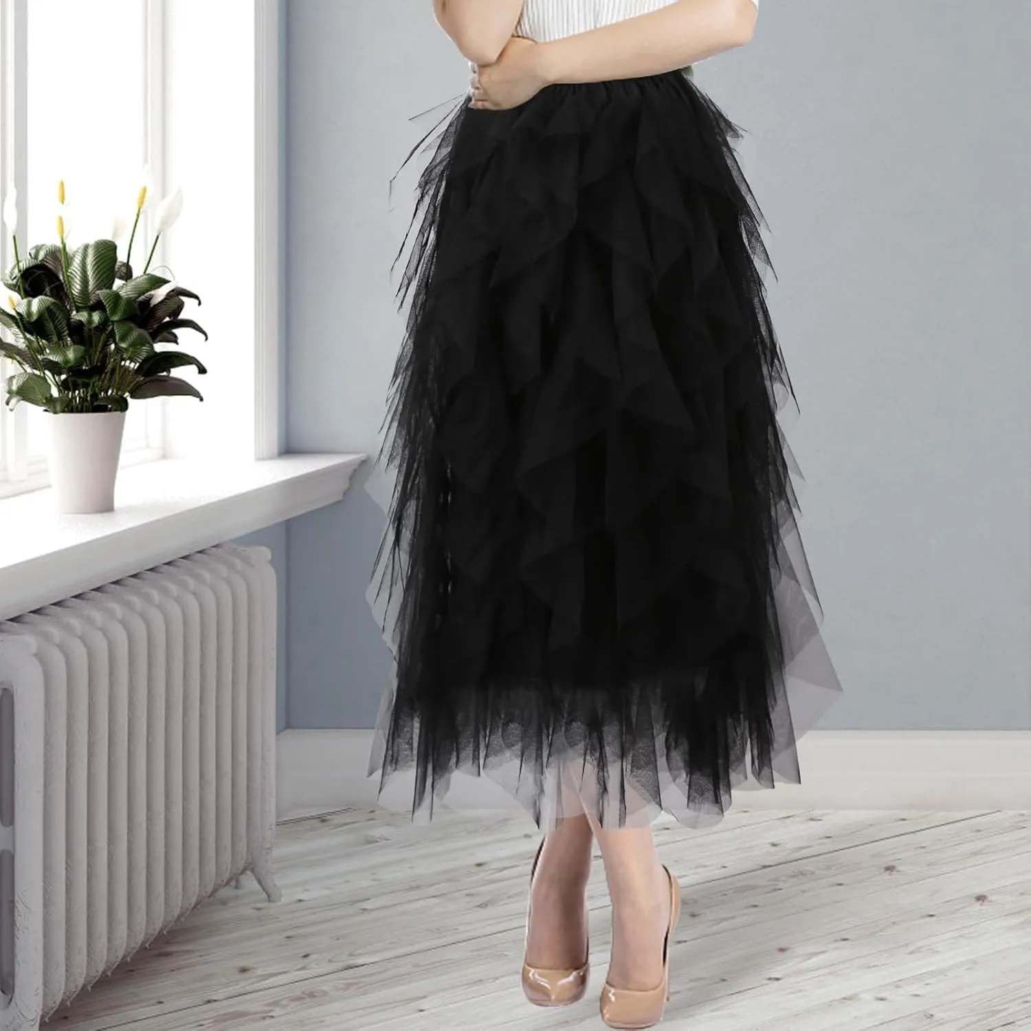 Women Tulle Skirts Layered Tutu Skirt Midi Length Elastic High Waist A Line Skirt