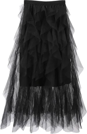 Women Tulle Skirts Layered Tutu Skirt Midi Length Elastic High Waist A Line Skirt