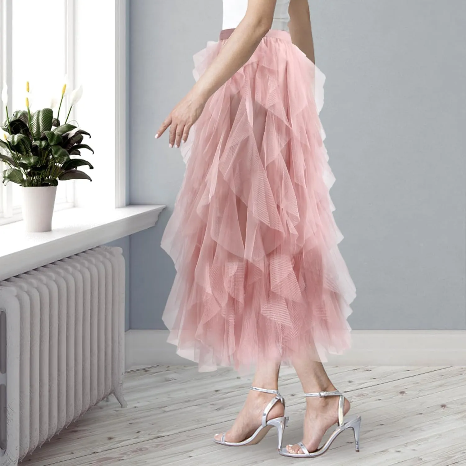 Women Tulle Skirts Layered Tutu Skirt Midi Length Elastic High Waist A Line Skirt