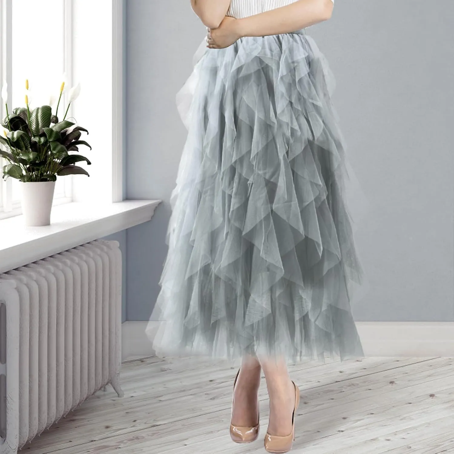 Women Tulle Skirts Layered Tutu Skirt Midi Length Elastic High Waist A Line Skirt