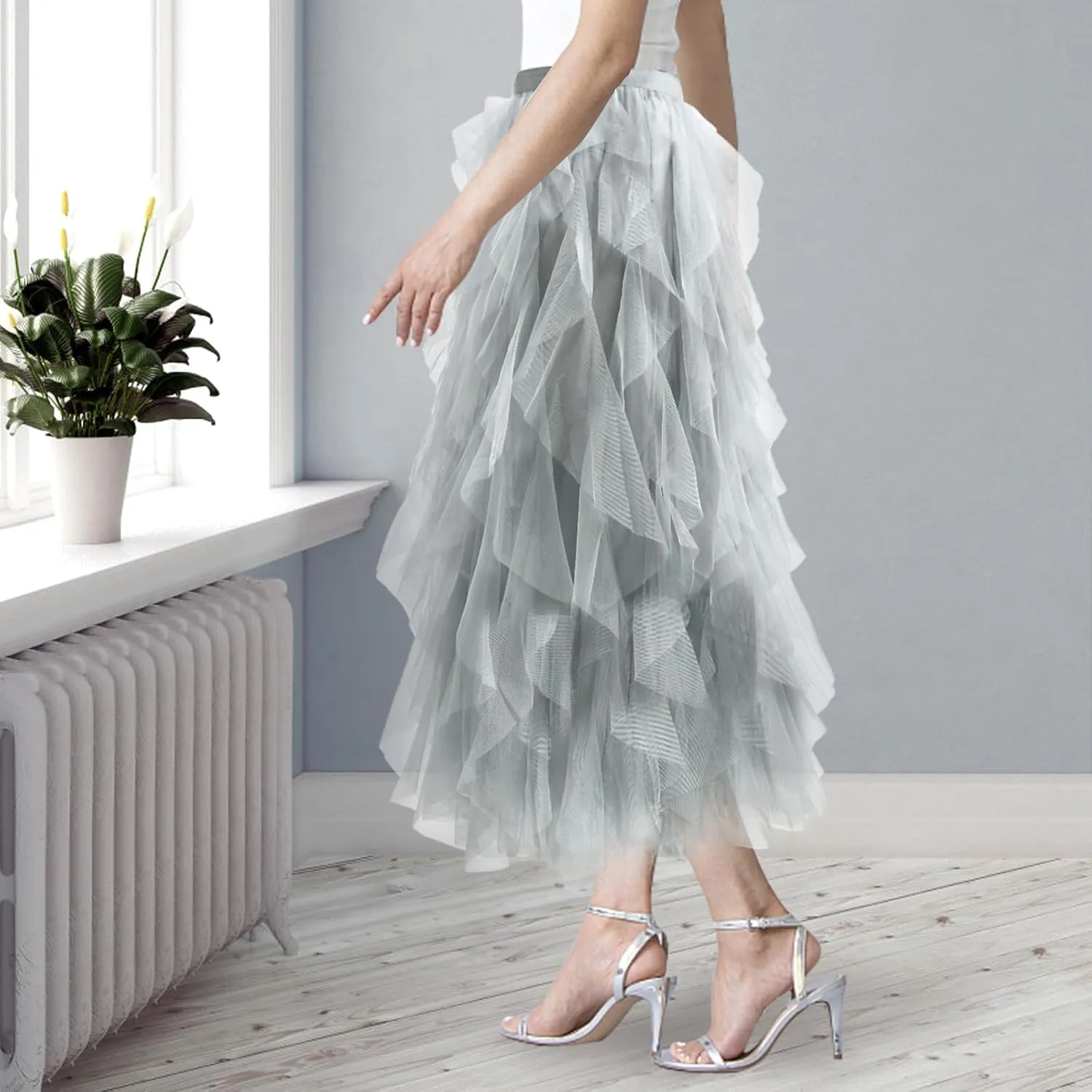 Women Tulle Skirts Layered Tutu Skirt Midi Length Elastic High Waist A Line Skirt