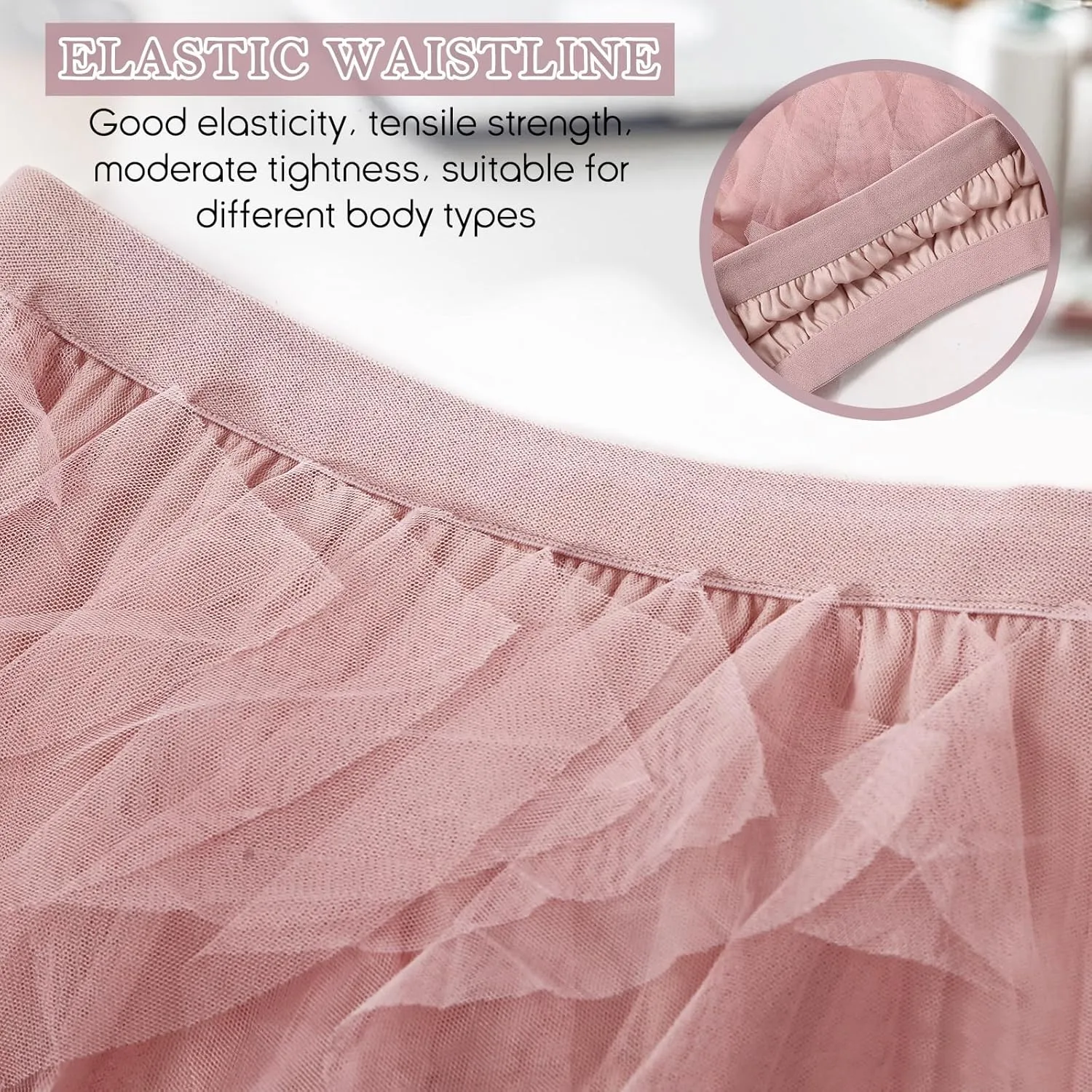 Women Tulle Skirts Layered Tutu Skirt Midi Length Elastic High Waist A Line Skirt