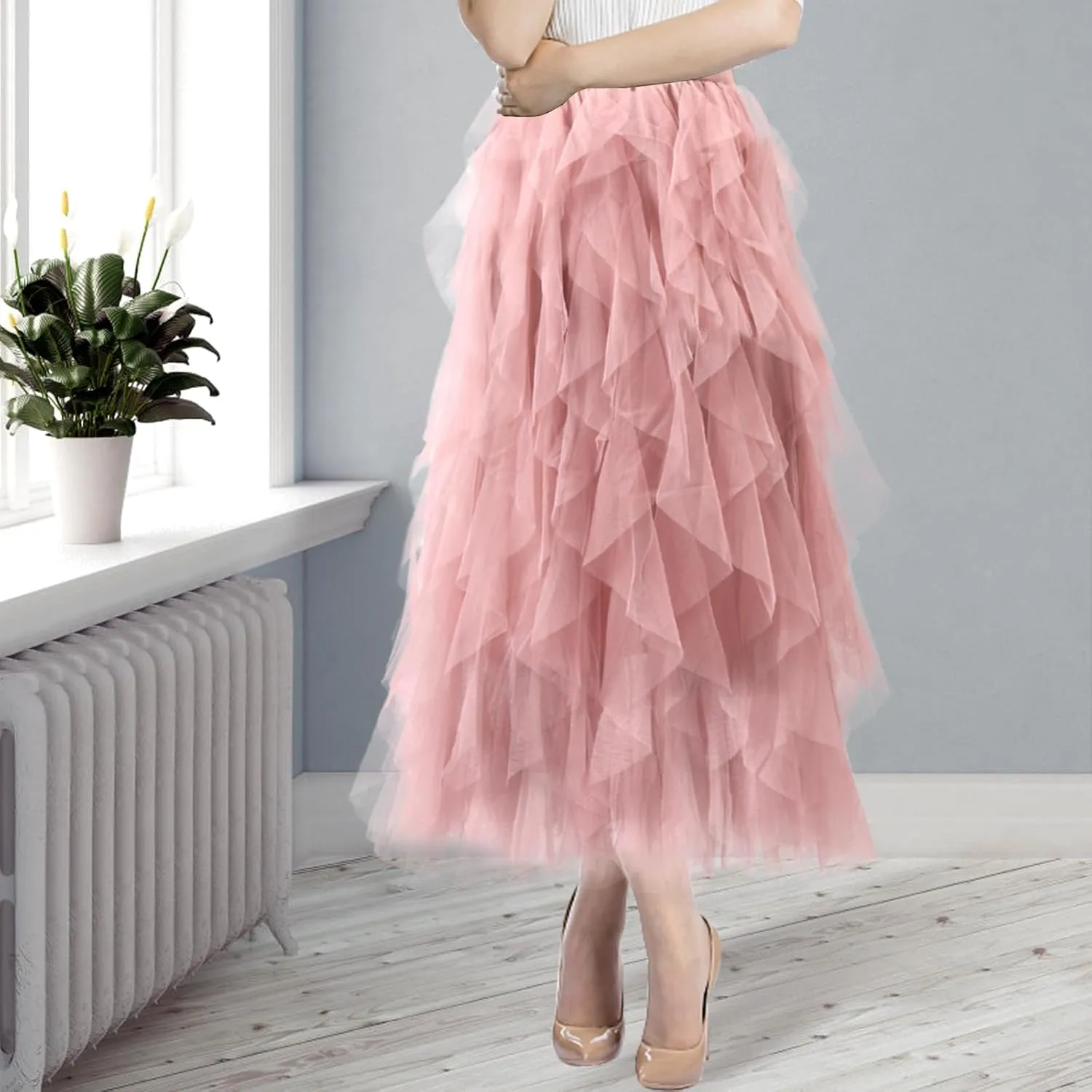 Women Tulle Skirts Layered Tutu Skirt Midi Length Elastic High Waist A Line Skirt