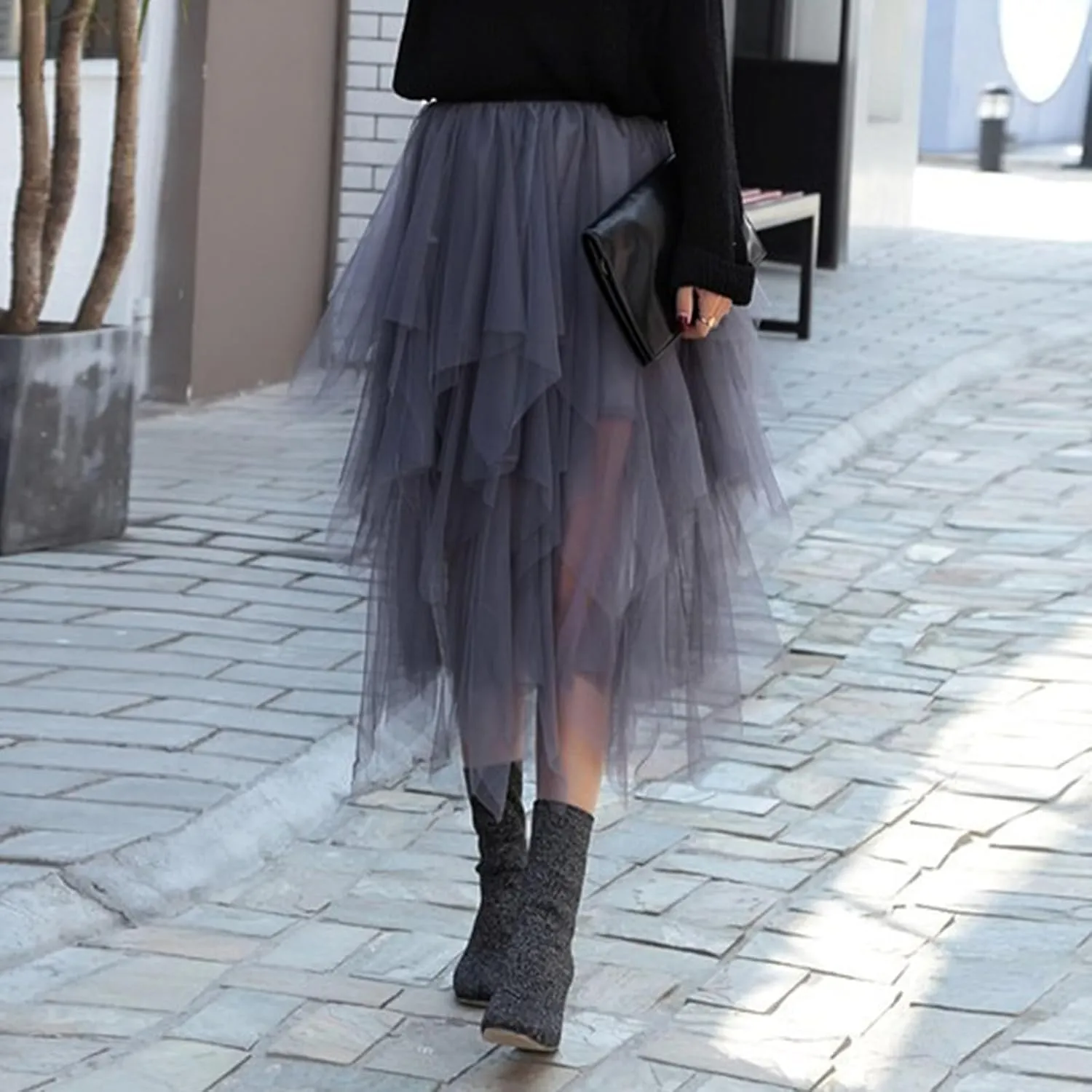 Women Tulle Skirts Layered Tutu Skirt Midi Length Elastic High Waist A Line Skirt