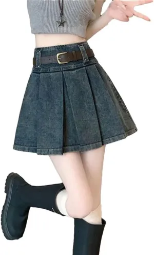 Women Vintage Denim Pleated Korean High Waist A-Line Skirt Short Clothing Skirts