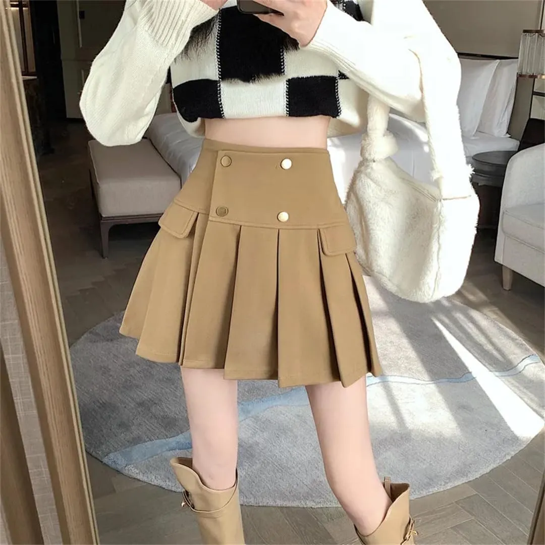 Women Woolen Pleated Mini Skirt Casual Button Patchwork High Waist A-Line Skirt Streetwear