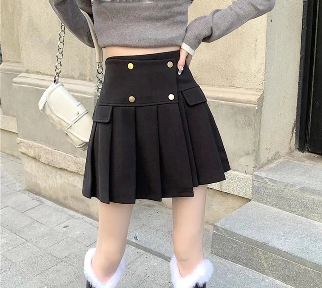Women Woolen Pleated Mini Skirt Casual Button Patchwork High Waist A-Line Skirt Streetwear