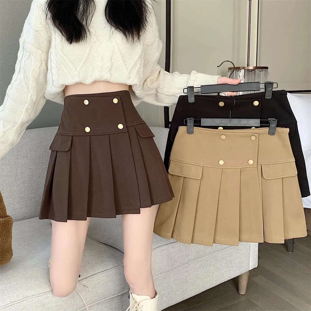 Women Woolen Pleated Mini Skirt Casual Button Patchwork High Waist A-Line Skirt Streetwear