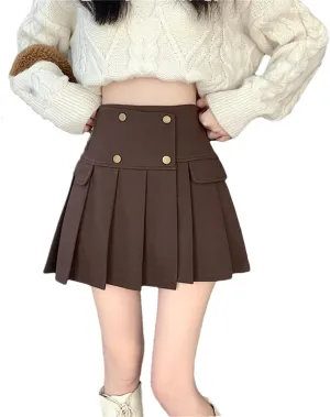 Women Woolen Pleated Mini Skirt Casual Button Patchwork High Waist A-Line Skirt Streetwear