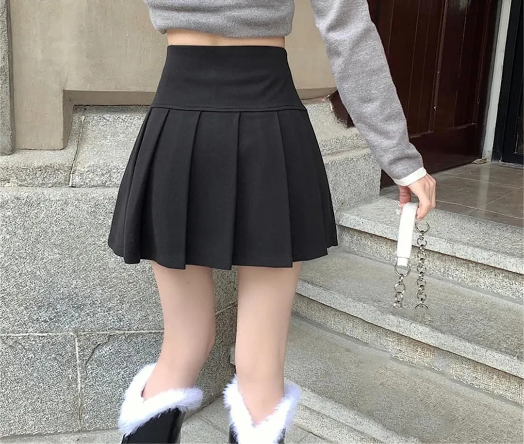 Women Woolen Pleated Mini Skirt Casual Button Patchwork High Waist A-Line Skirt Streetwear