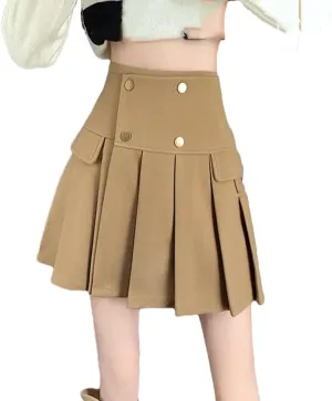Women Woolen Pleated Mini Skirt Casual Button Patchwork High Waist A-Line Skirt Streetwear