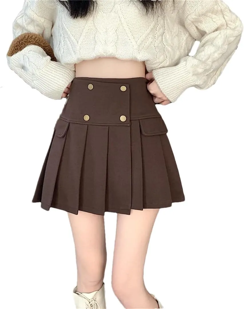 Women Woolen Pleated Mini Skirt Casual Button Patchwork High Waist A-Line Skirt Streetwear