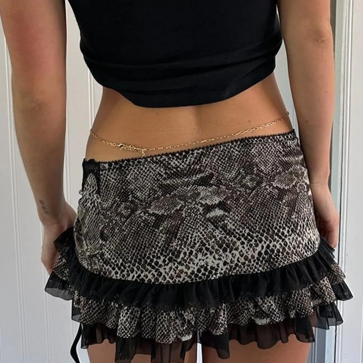 Women Y2K Lace Mini Skirt Leopard Print Ruffle Short Skirt Mesh Flowy Mini Skirt Party Club Streetwear