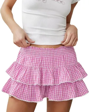 Women Y2K Plaid Mini Skirt Pleated A Line Ruffle Lace Skirts Fairy Low Rise Cute Gingham Short Skirt