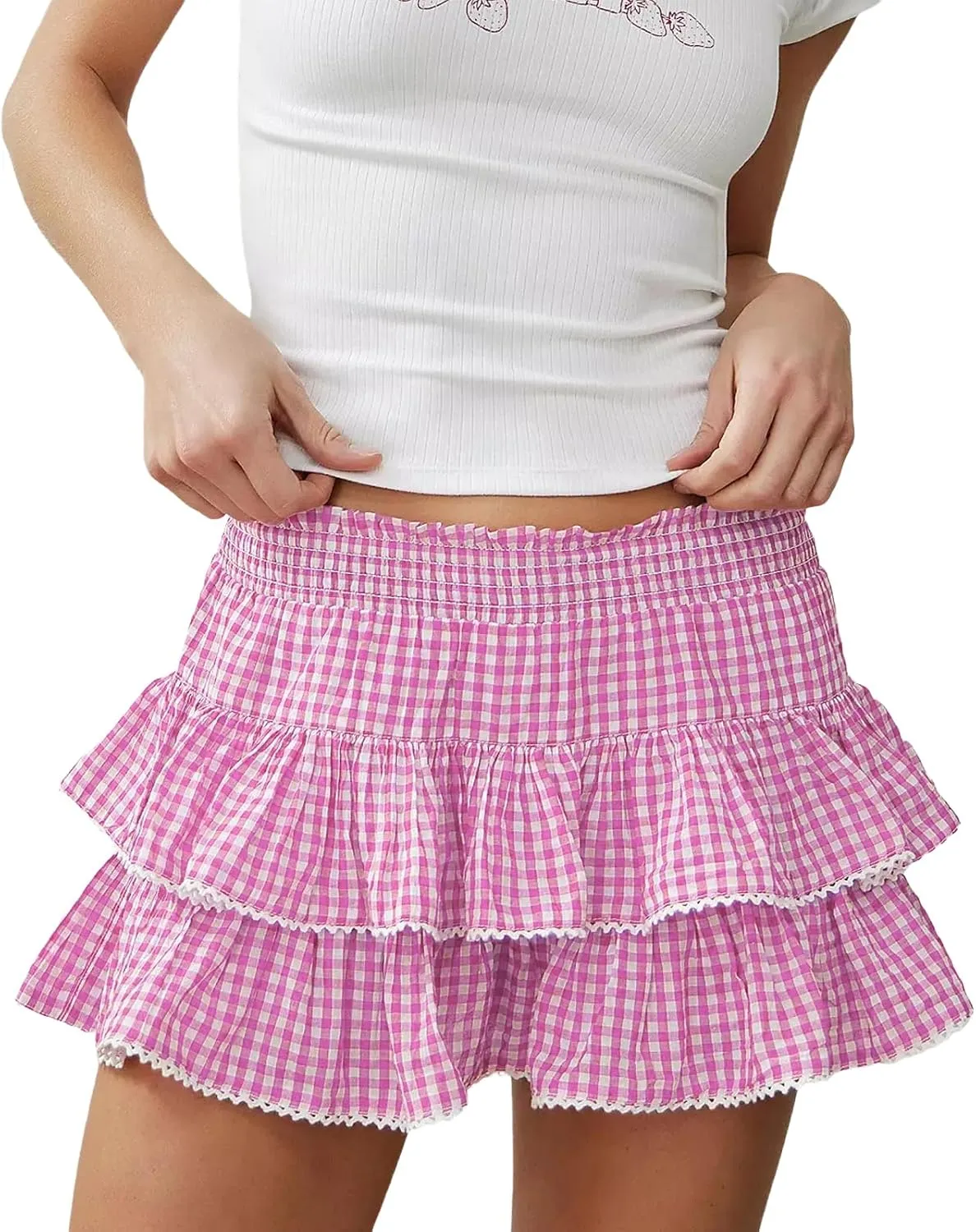 Women Y2K Plaid Mini Skirt Pleated A Line Ruffle Lace Skirts Fairy Low Rise Cute Gingham Short Skirt