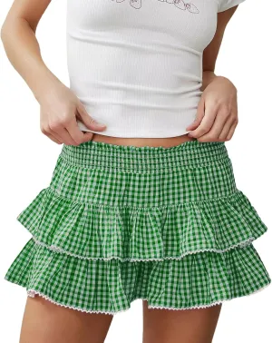 Women Y2K Plaid Mini Skirt Pleated A Line Ruffle Lace Skirts Fairy Low Rise Cute Gingham Short Skirt