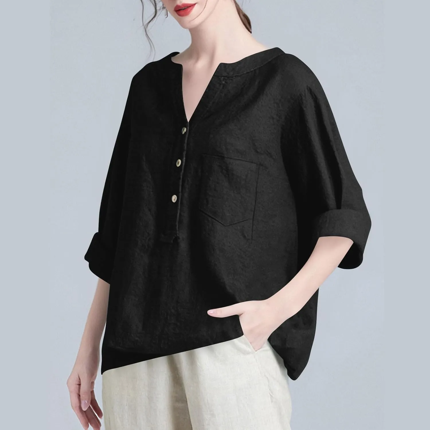 Womens 2025 Stand Collar Blouses Cotton-Linen Short Sleeve T-Shirts Summer Casual Loose Comfort Tops Daily Wear