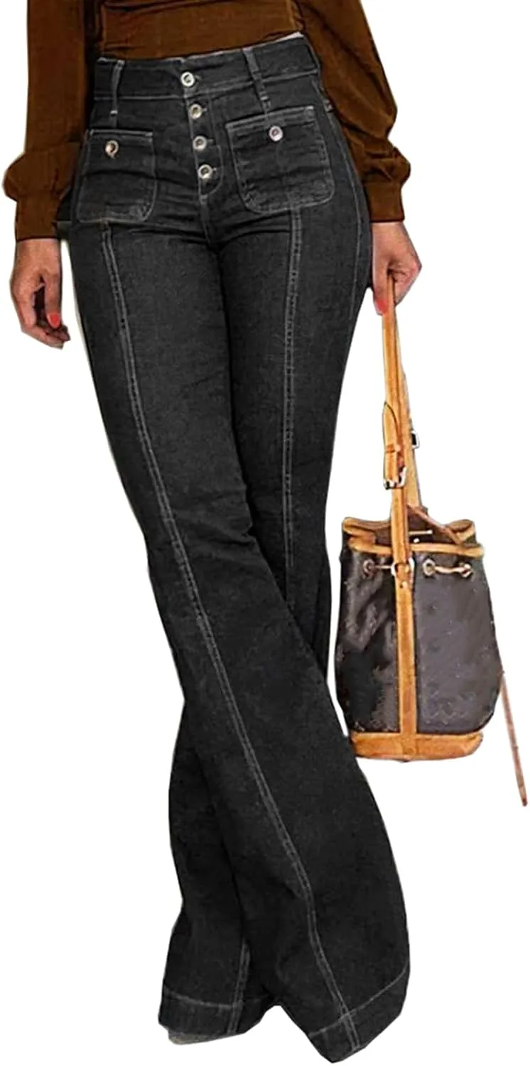 Women's 90s Vintage High Waisted Flared Jeans Stretch Slim Fit Bootcut Wide Leg Denim Pants