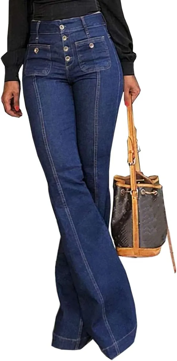 Women's 90s Vintage High Waisted Flared Jeans Stretch Slim Fit Bootcut Wide Leg Denim Pants