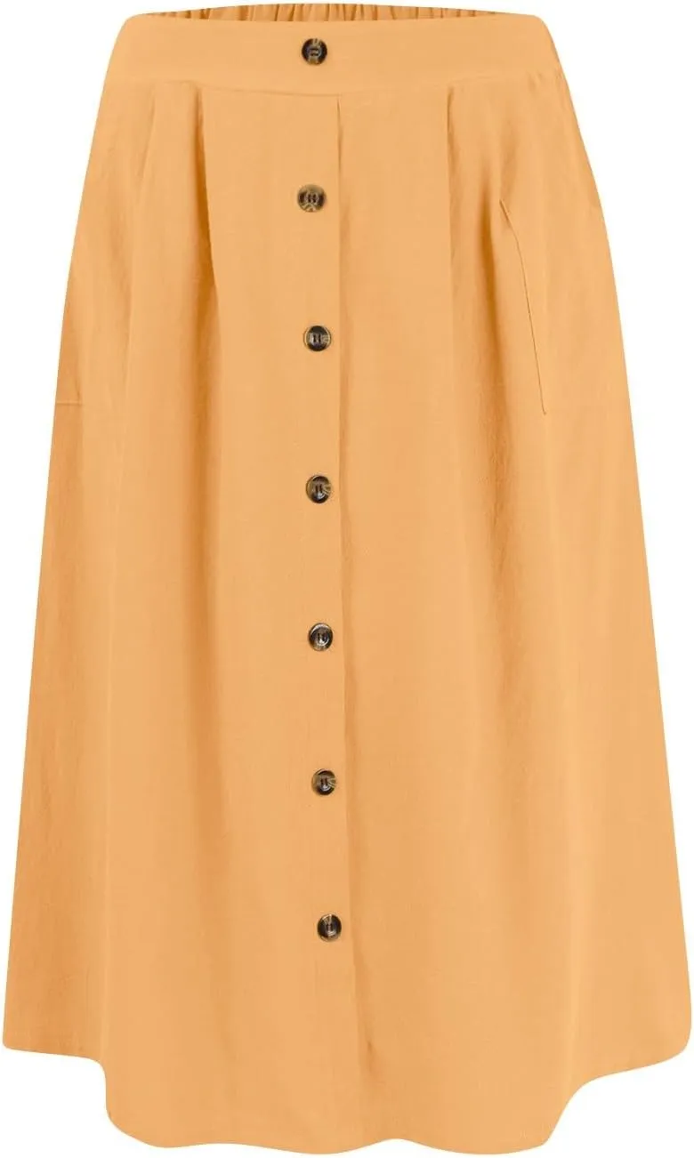 Womens A Line Midi Skirt Vintage Front Button Swing Skirts Summer High Waisted Pleated Midi Skirt with Pockets