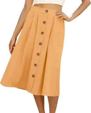 Womens A Line Midi Skirt Vintage Front Button Swing Skirts Summer High Waisted Pleated Midi Skirt with Pockets