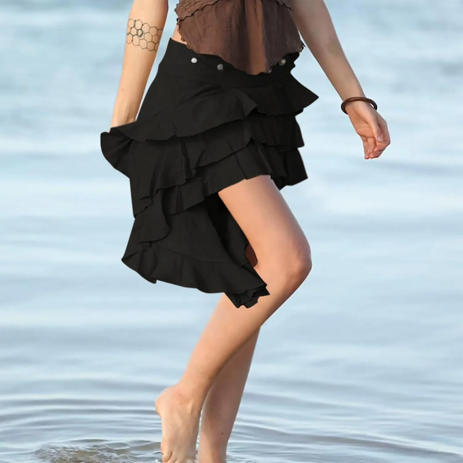 Womens Asymmetrical Hem Ruffle Skirts High Waisted Pleated Skirt Elastic Layered Mini Skirts A Line Beach Skirt