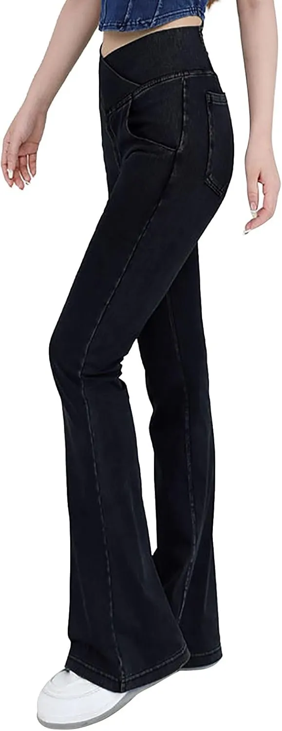 Womens Bell Bottom Flared Jeans Casual Elastic Crossover High Waisted Sportwear Yoga Pants Slim Fit Denim Trousers