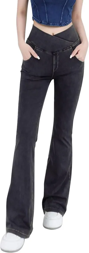 Womens Bell Bottom Flared Jeans Casual Elastic Crossover High Waisted Sportwear Yoga Pants Slim Fit Denim Trousers