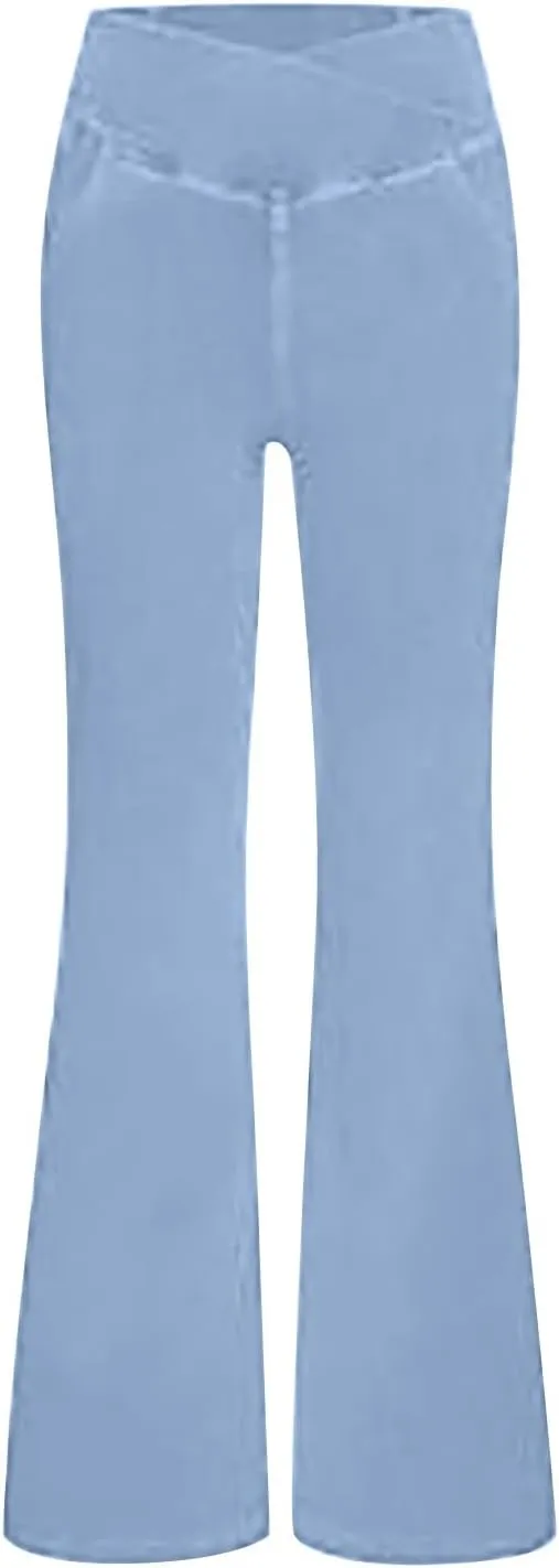 Womens Bell Bottom Flared Jeans Casual Elastic Crossover High Waisted Sportwear Yoga Pants Slim Fit Denim Trousers