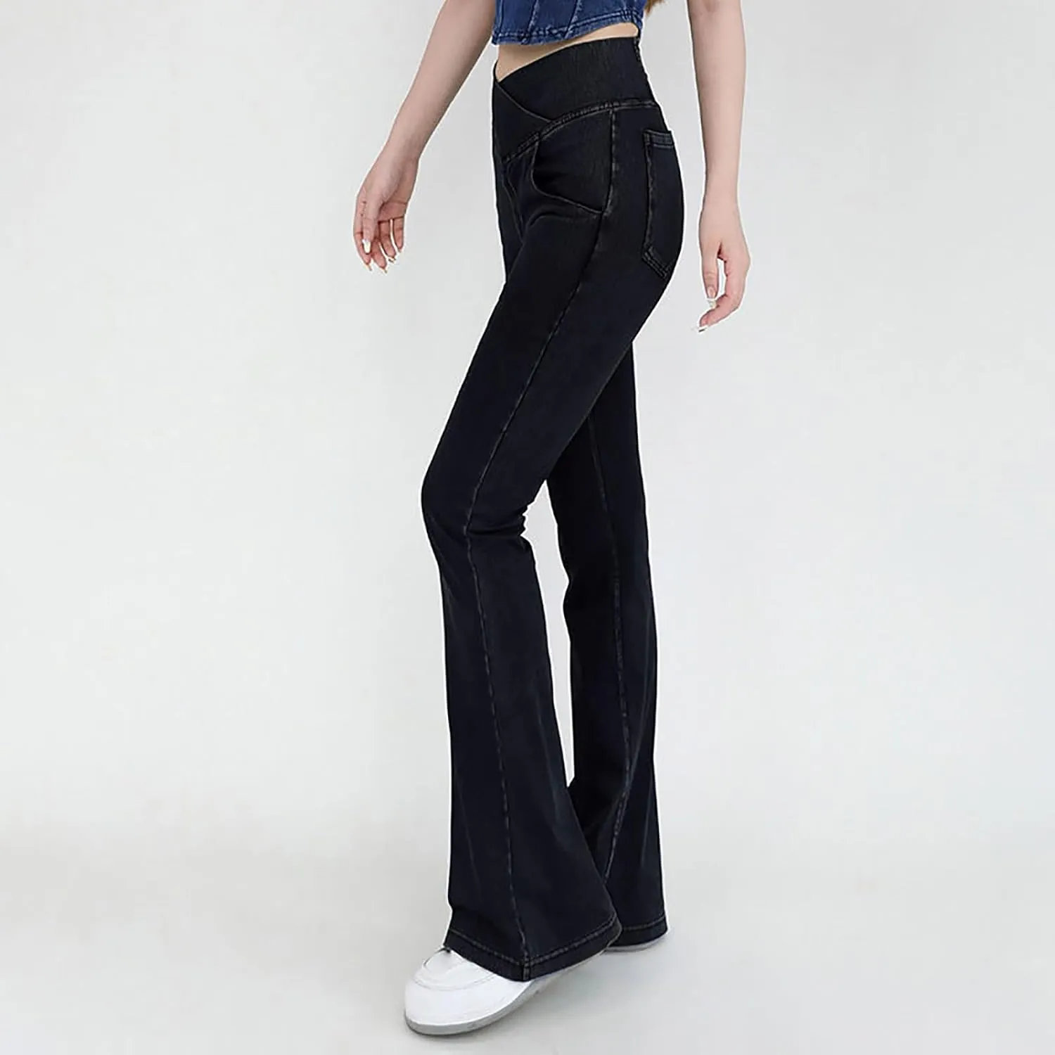 Womens Bell Bottom Flared Jeans Casual Elastic Crossover High Waisted Sportwear Yoga Pants Slim Fit Denim Trousers