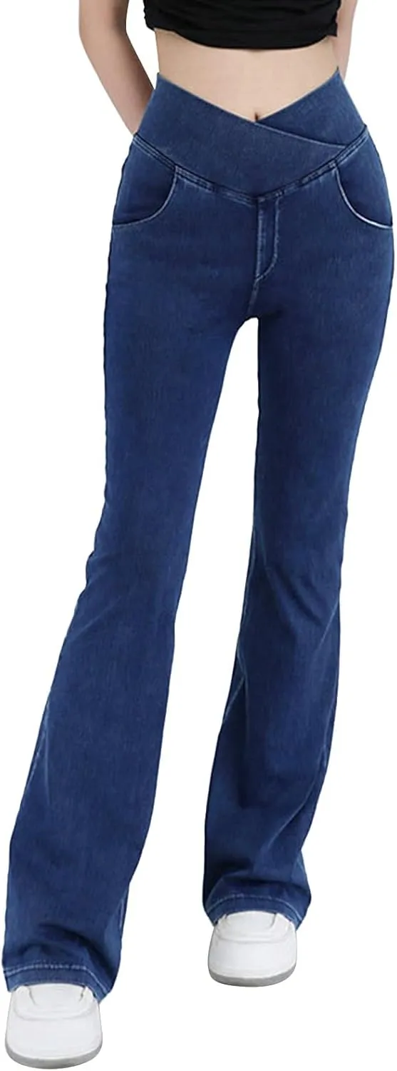 Womens Bell Bottom Flared Jeans Casual Elastic Crossover High Waisted Sportwear Yoga Pants Slim Fit Denim Trousers