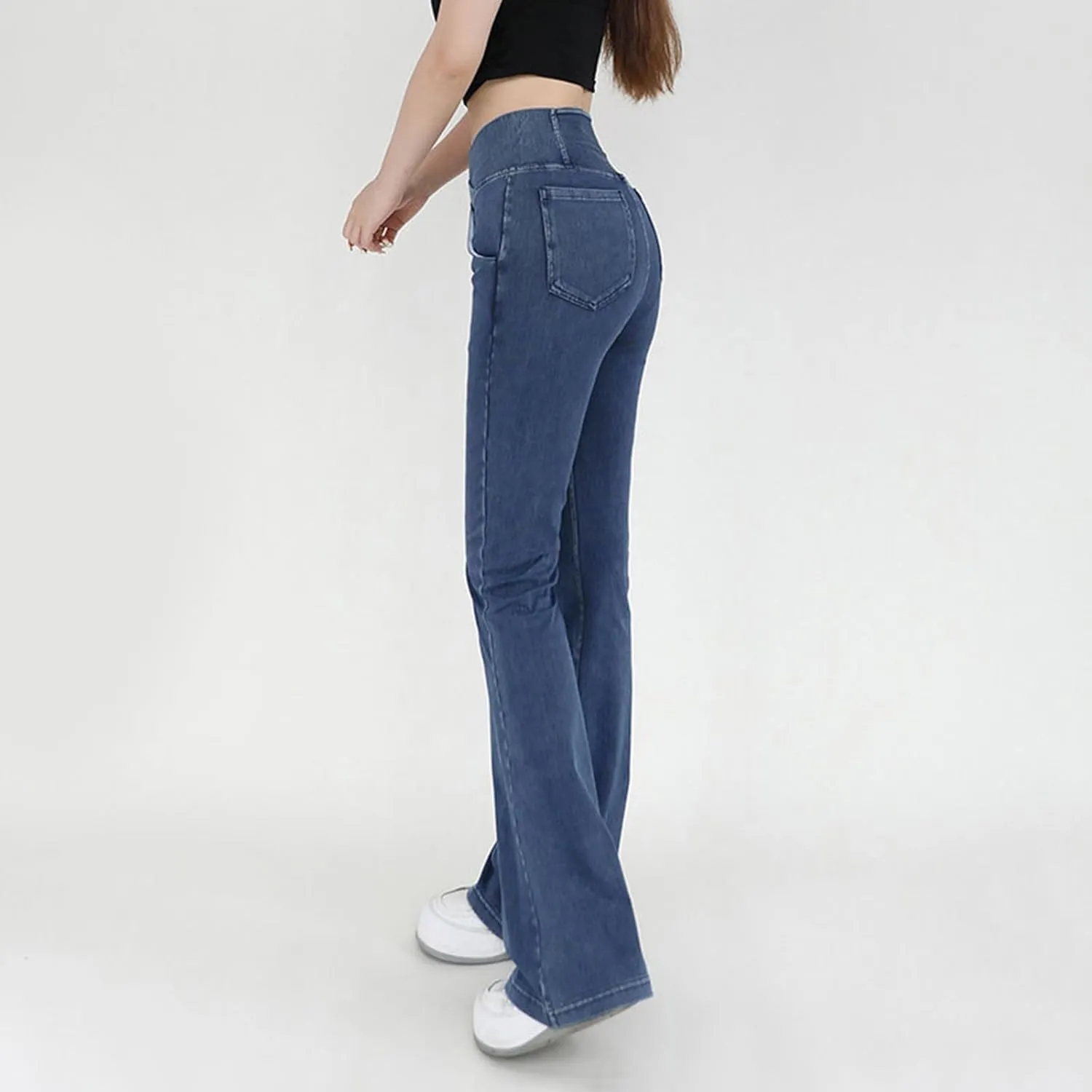Womens Bell Bottom Flared Jeans Casual Elastic Crossover High Waisted Sportwear Yoga Pants Slim Fit Denim Trousers