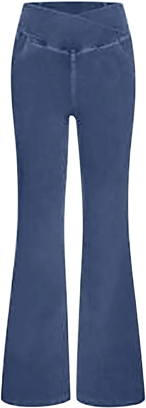 Womens Bell Bottom Flared Jeans Casual Elastic Crossover High Waisted Sportwear Yoga Pants Slim Fit Denim Trousers