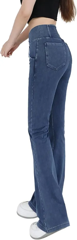 Womens Bell Bottom Flared Jeans Casual Elastic Crossover High Waisted Sportwear Yoga Pants Slim Fit Denim Trousers