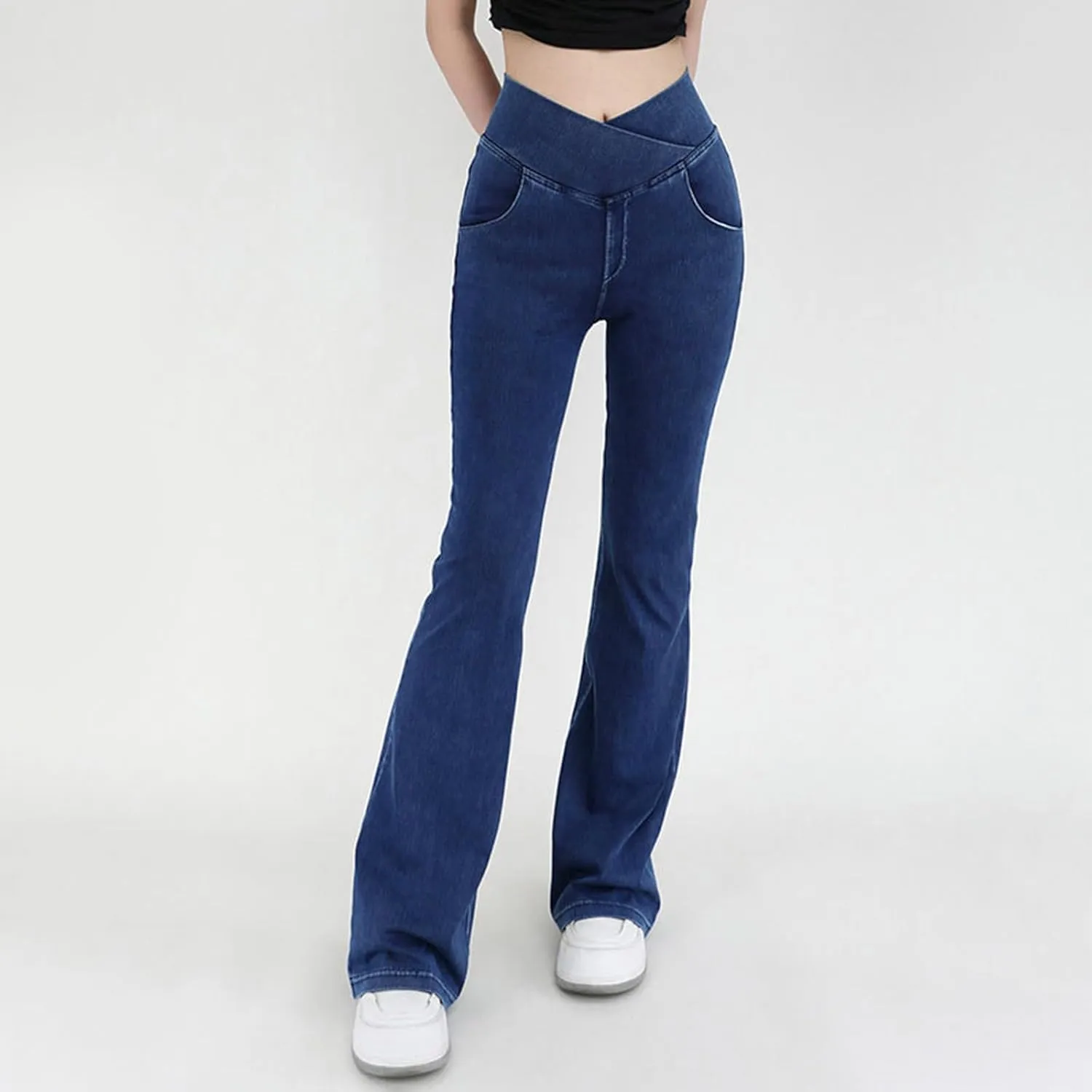 Womens Bell Bottom Flared Jeans Casual Elastic Crossover High Waisted Sportwear Yoga Pants Slim Fit Denim Trousers