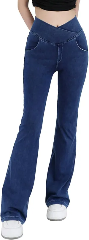 Womens Bell Bottom Flared Jeans Casual Elastic Crossover High Waisted Sportwear Yoga Pants Slim Fit Denim Trousers