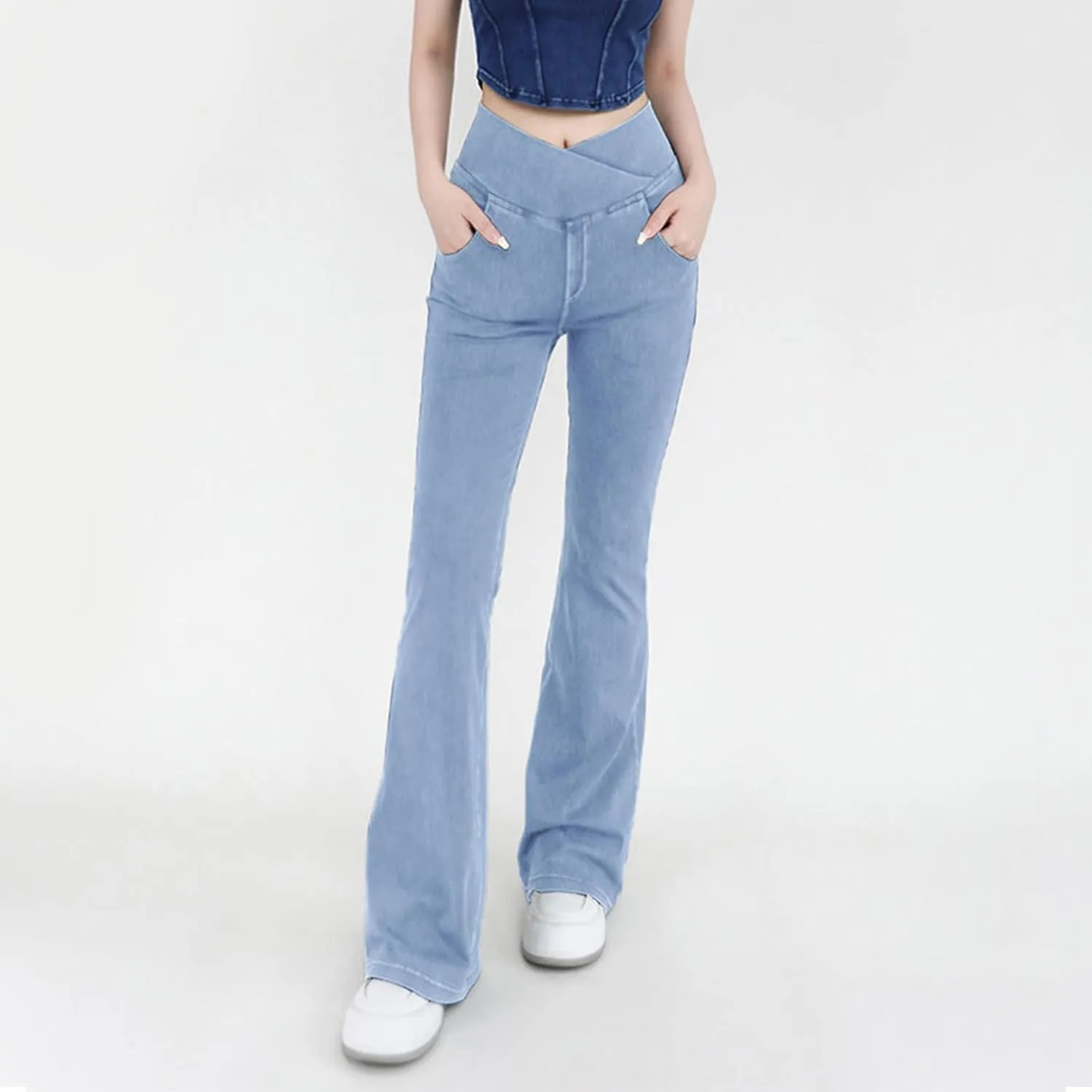 Womens Bell Bottom Flared Jeans Casual Elastic Crossover High Waisted Sportwear Yoga Pants Slim Fit Denim Trousers