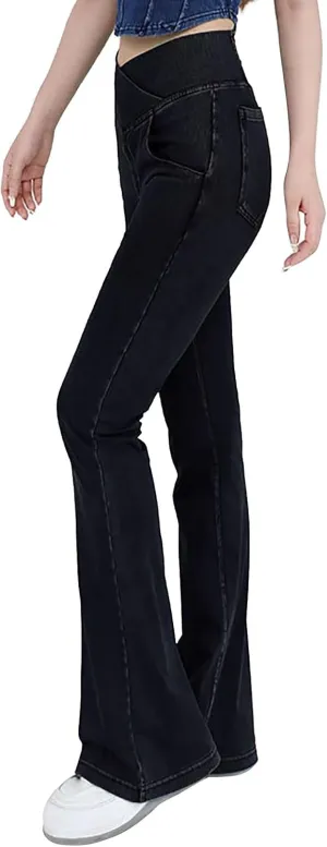 Womens Bell Bottom Flared Jeans Casual Elastic Crossover High Waisted Sportwear Yoga Pants Slim Fit Denim Trousers