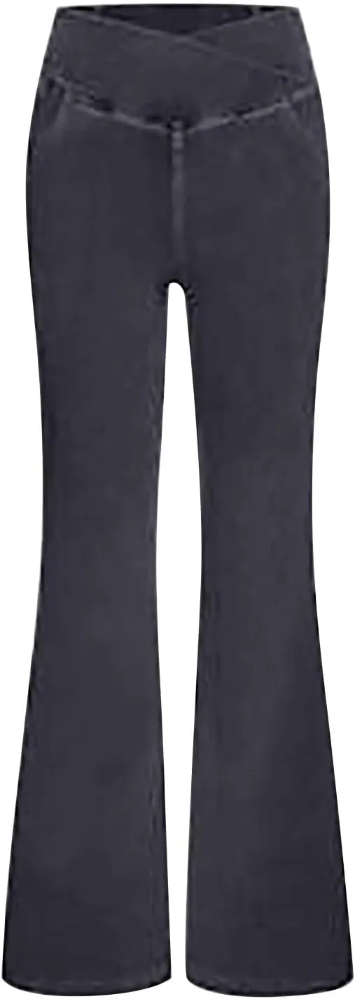 Womens Bell Bottom Flared Jeans Casual Elastic Crossover High Waisted Sportwear Yoga Pants Slim Fit Denim Trousers