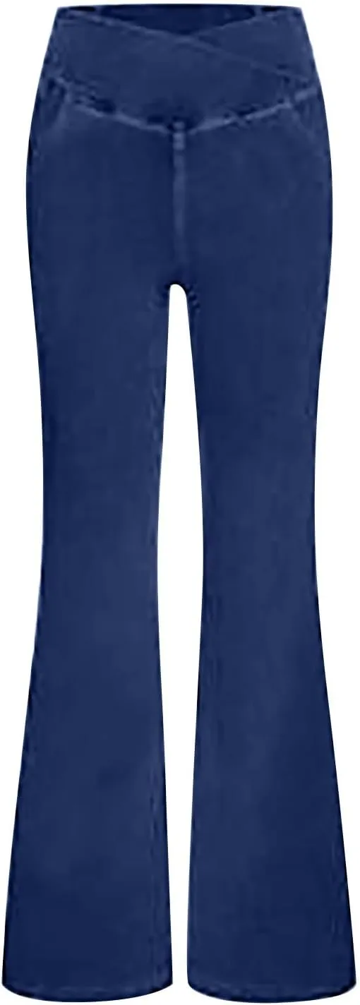 Womens Bell Bottom Flared Jeans Casual Elastic Crossover High Waisted Sportwear Yoga Pants Slim Fit Denim Trousers