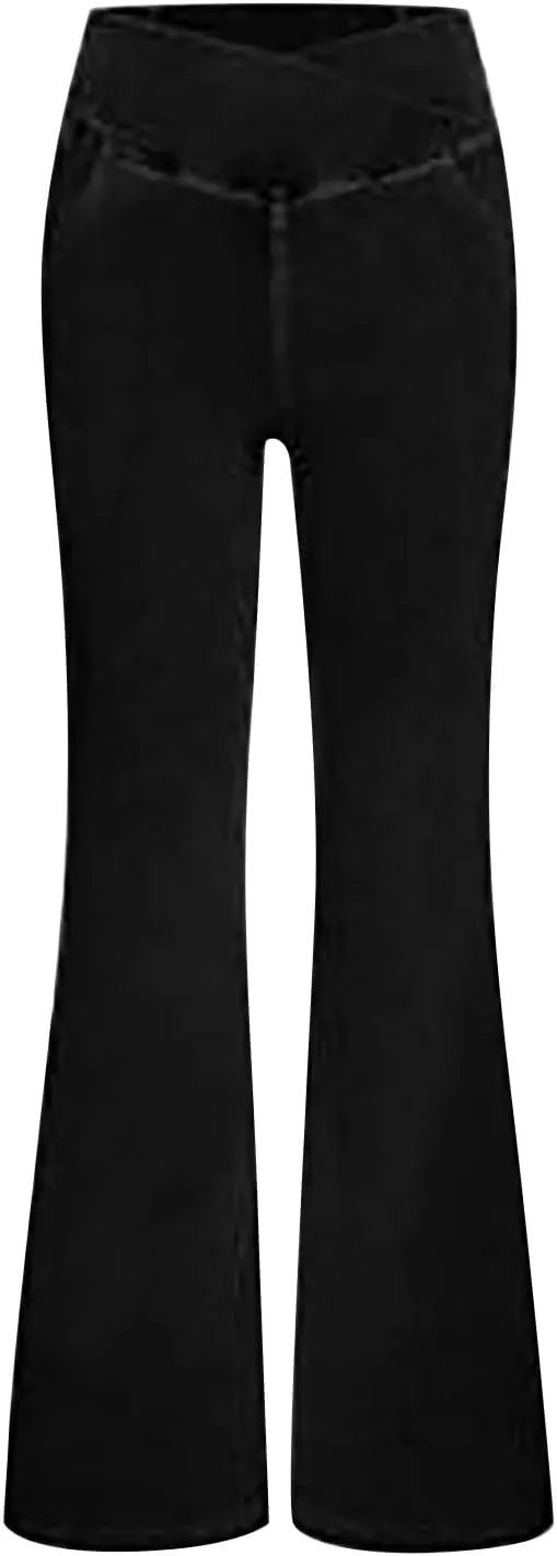 Womens Bell Bottom Flared Jeans Casual Elastic Crossover High Waisted Sportwear Yoga Pants Slim Fit Denim Trousers
