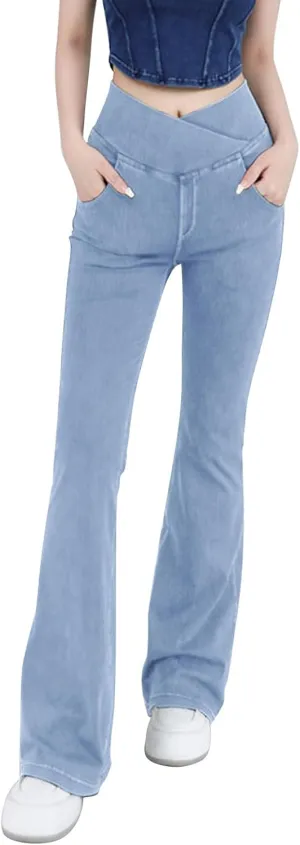 Womens Bell Bottom Flared Jeans Casual Elastic Crossover High Waisted Sportwear Yoga Pants Slim Fit Denim Trousers