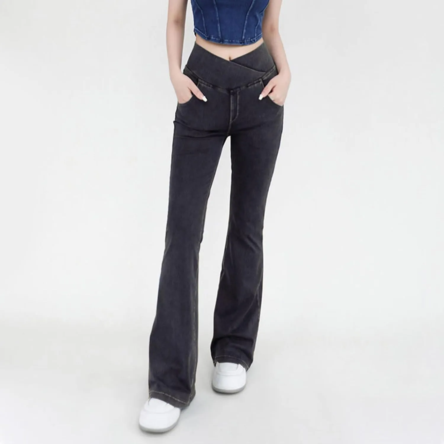 Womens Bell Bottom Flared Jeans Casual Elastic Crossover High Waisted Sportwear Yoga Pants Slim Fit Denim Trousers