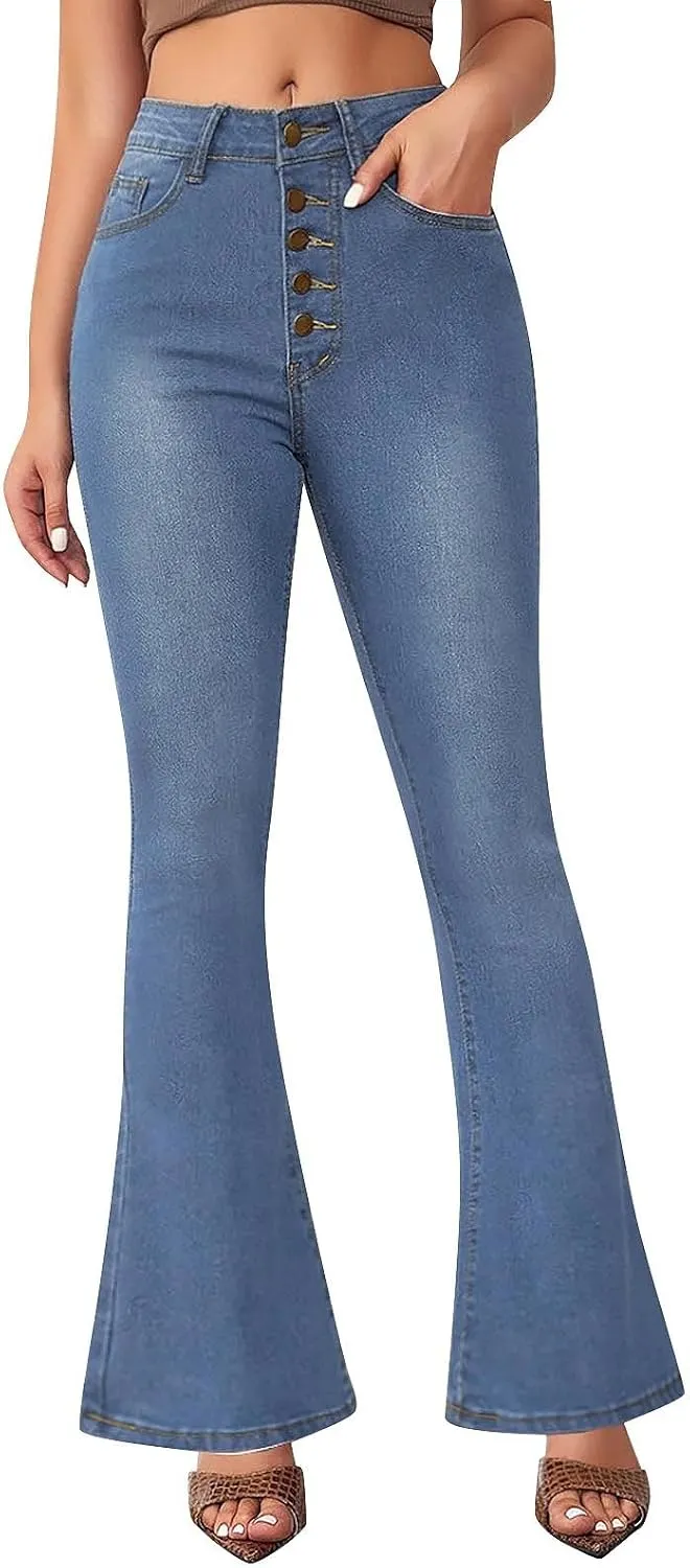 Womens Bell Bottom Jeans Wide Leg Slimming Flare Jeans High Waisted Bootcut Pockets Dress Pants Tummy Control