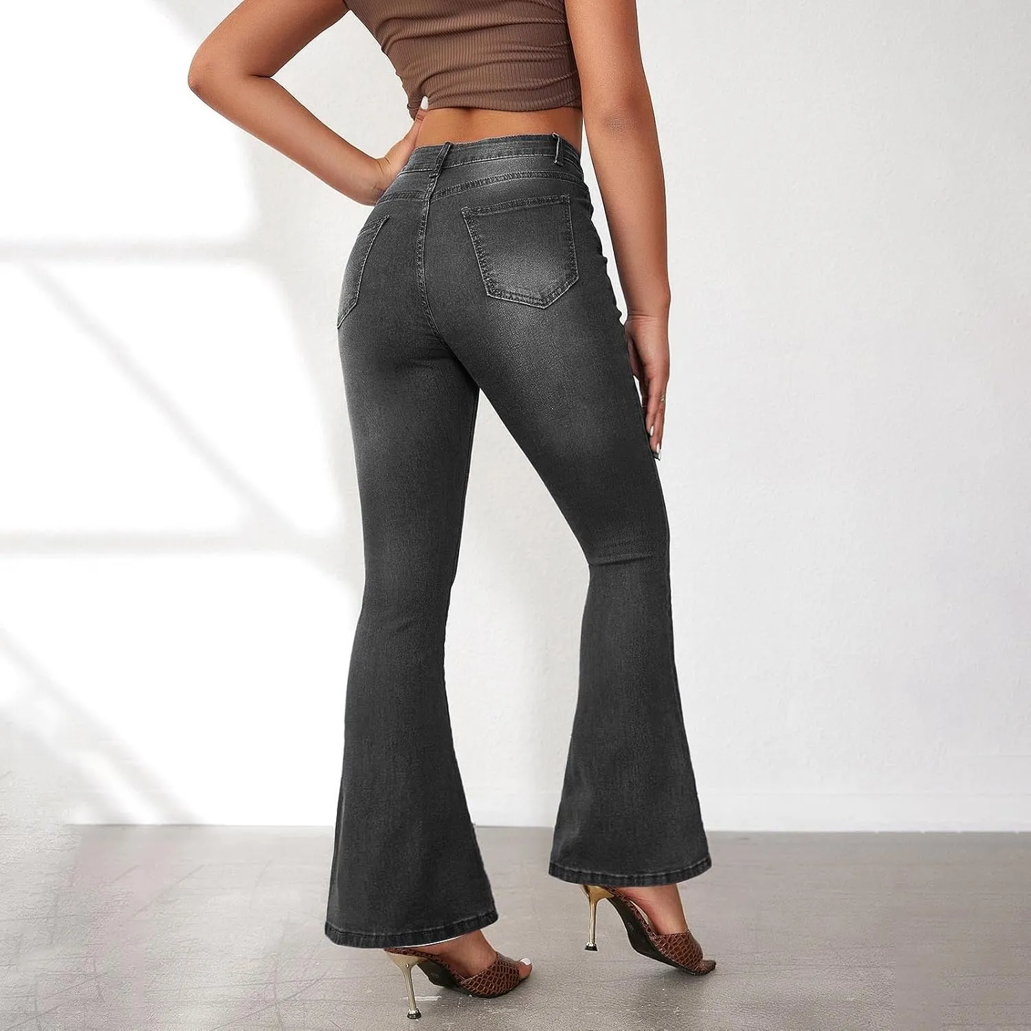 Womens Bell Bottom Jeans Wide Leg Slimming Flare Jeans High Waisted Bootcut Pockets Dress Pants Tummy Control