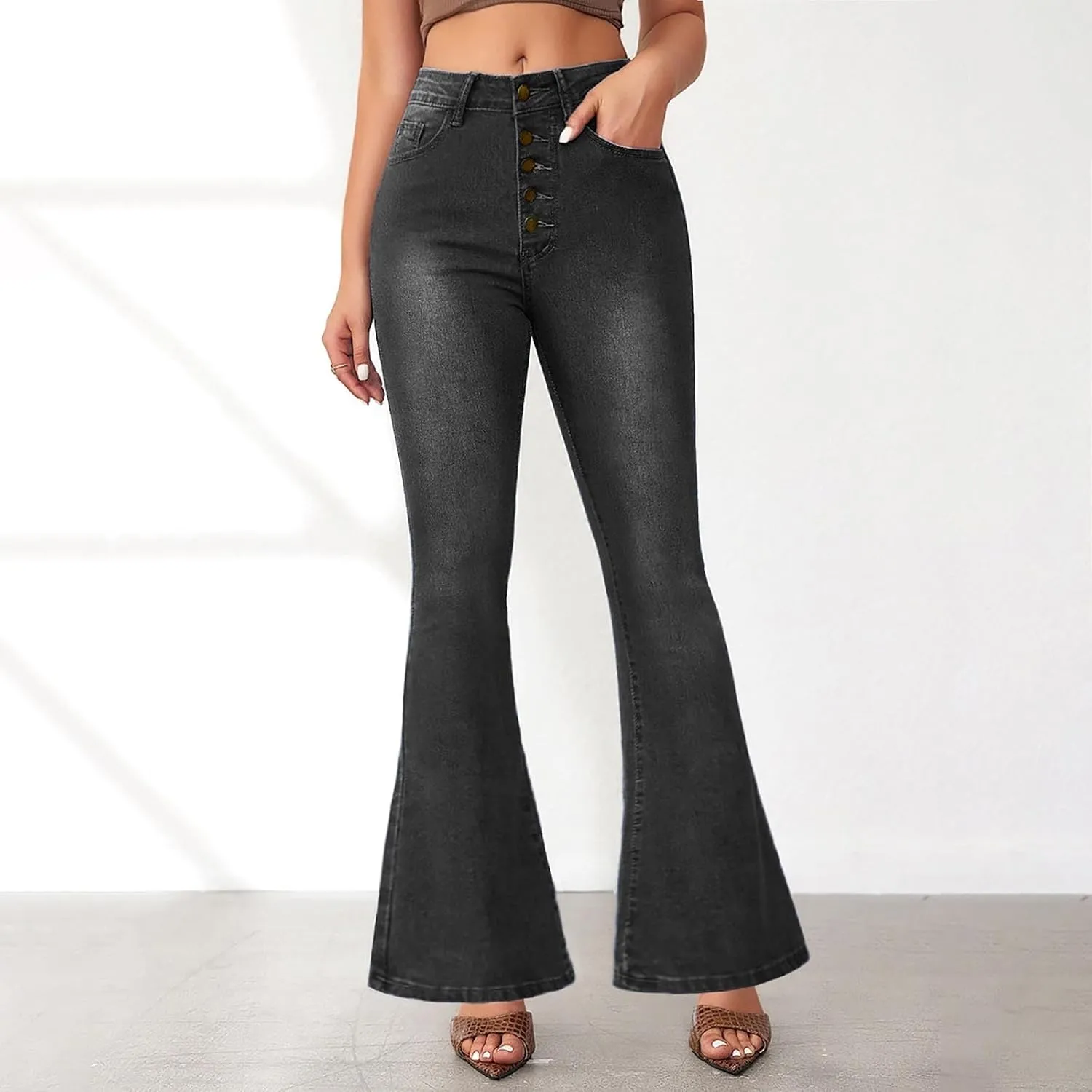 Womens Bell Bottom Jeans Wide Leg Slimming Flare Jeans High Waisted Bootcut Pockets Dress Pants Tummy Control
