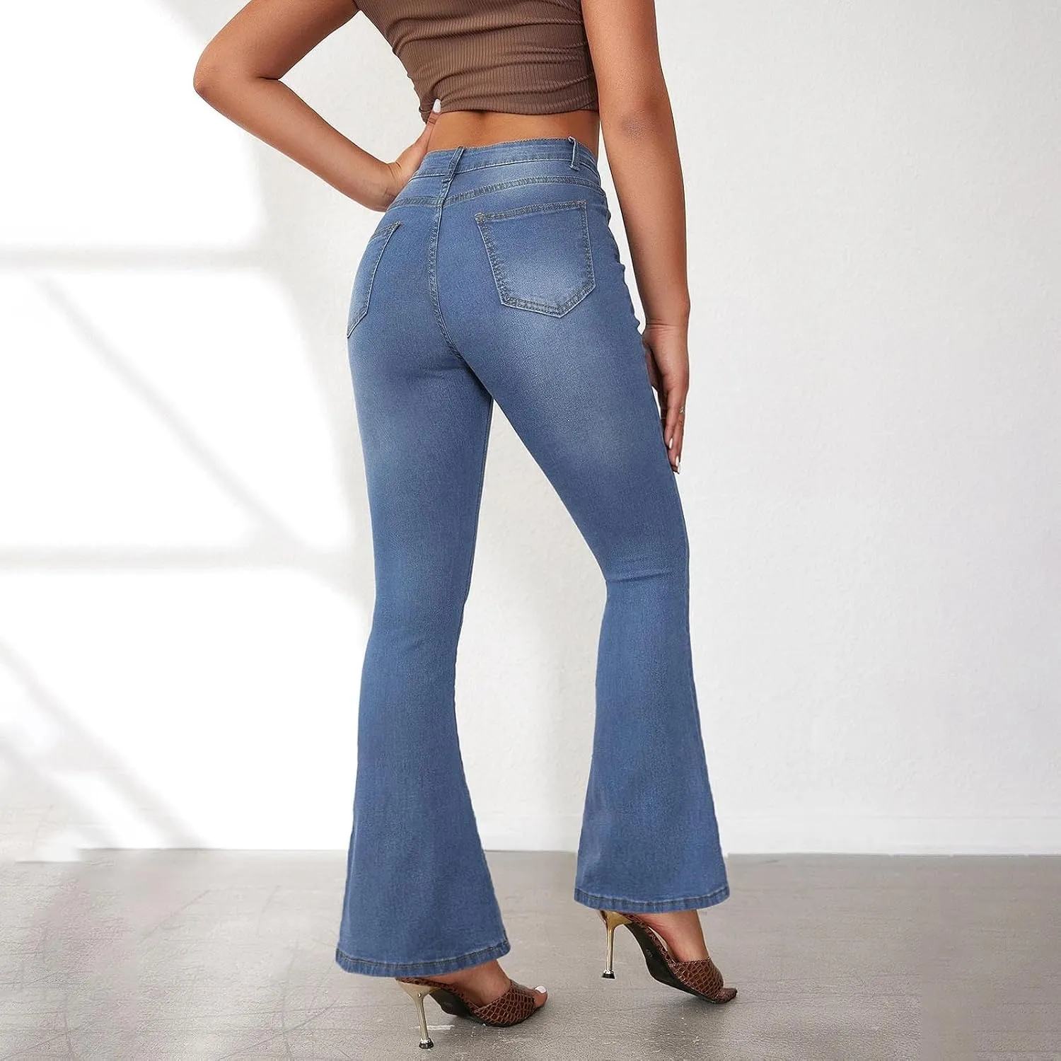 Womens Bell Bottom Jeans Wide Leg Slimming Flare Jeans High Waisted Bootcut Pockets Dress Pants Tummy Control